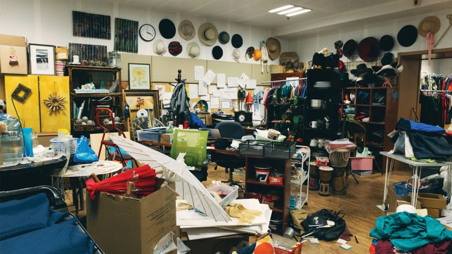 messy theater props closet inside tianjin international school